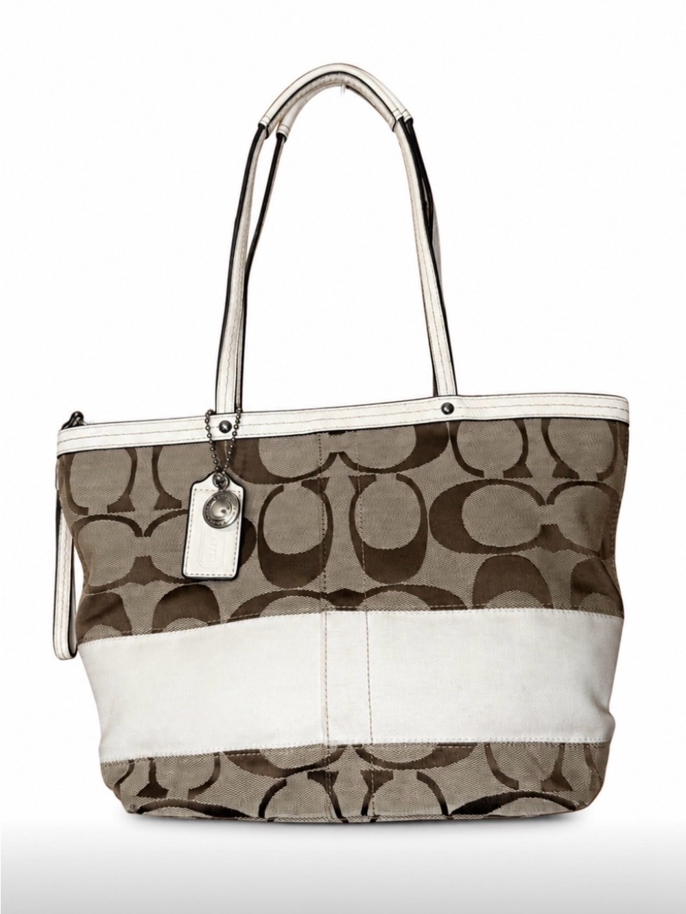 Coach Signature Canvas Beige Leather Strap Purse Handbag Tote F13548